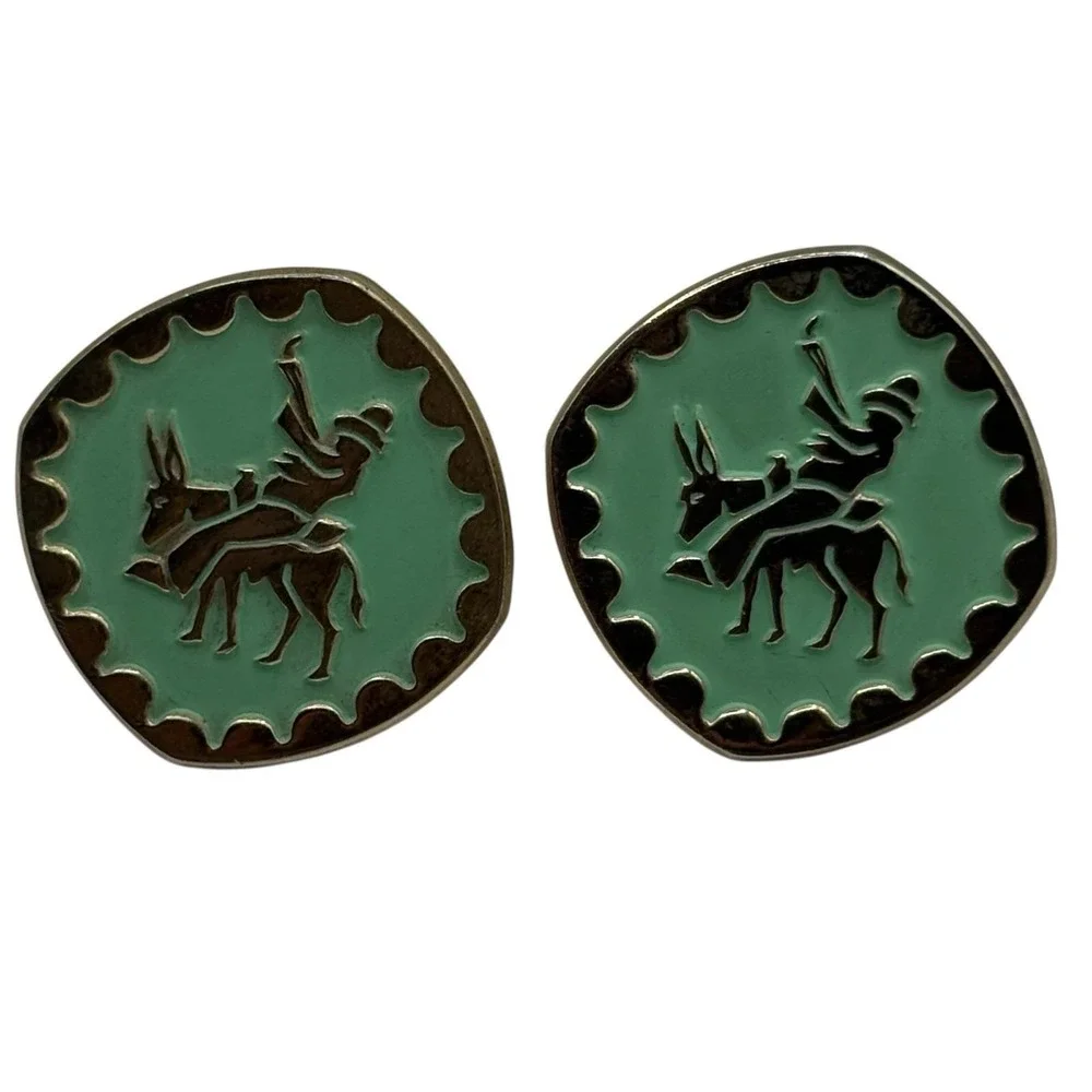 Western Man on Donkey Jackass Bullet Back Cufflinks Teal Green Gold Tone Vintage